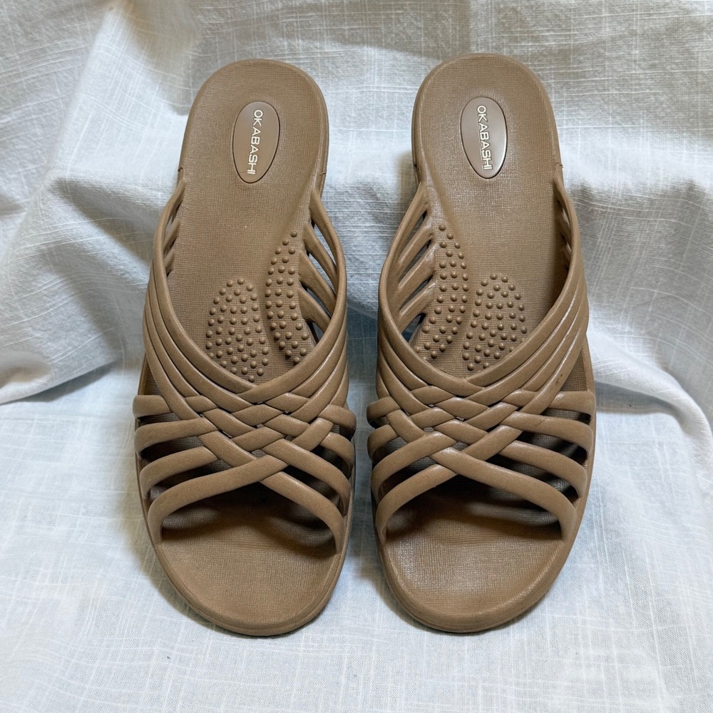Okabashi Maui Slide Sandals Size L 9.5-10.5 Tan Brown Cross Strap Comfort USA‎
